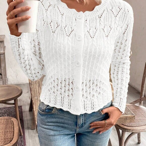 White Casual Women's Crew Neck Hollow Front Button Cardigan Knit Sweater - Picture 6 of 7